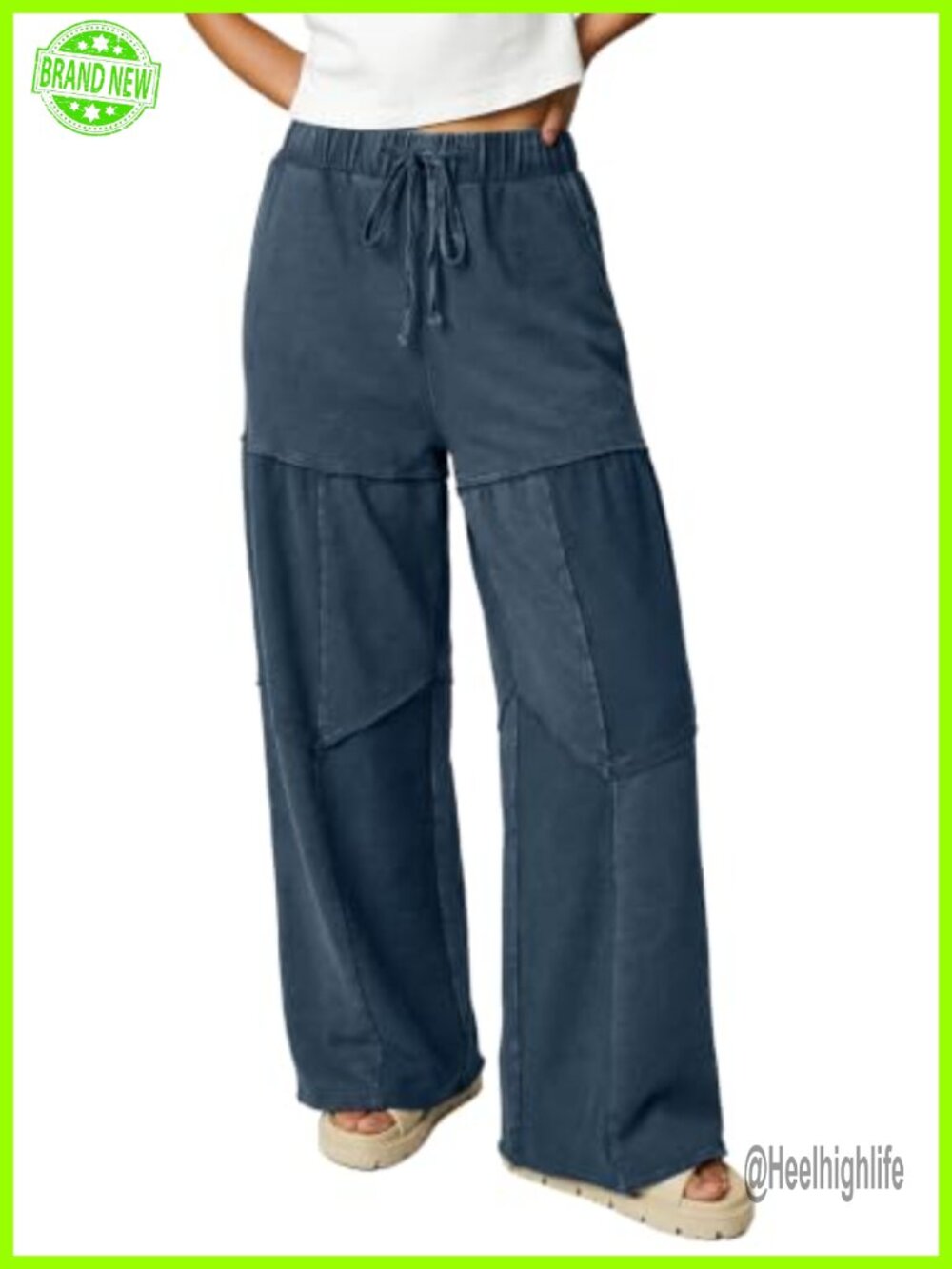 Washed-Out Wide Leg Trousers Stretchy High Rise Pull On Pants